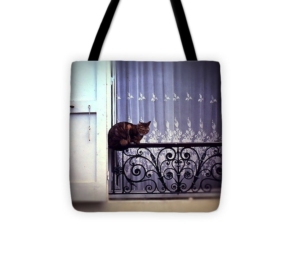 Vintage Travel Cat on a French Balcony 1967 - Tote Bag