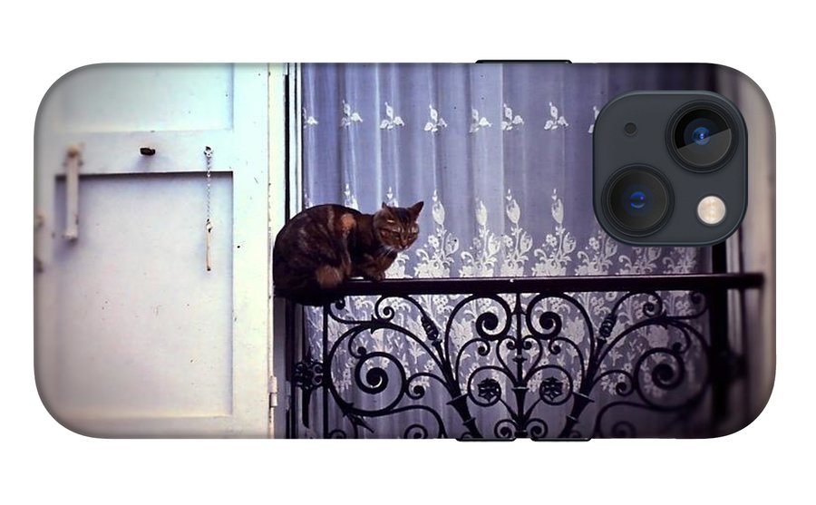 Vintage Travel Cat on a French Balcony 1967 - Phone Case