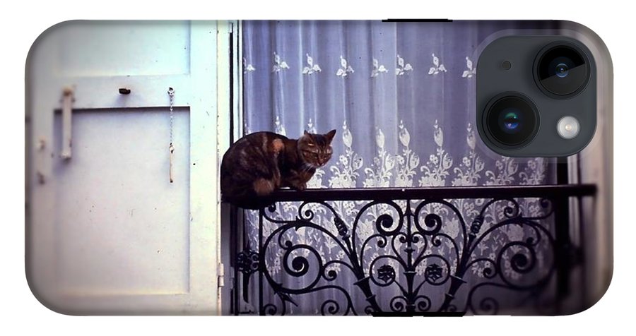 Vintage Travel Cat on a French Balcony 1967 - Phone Case