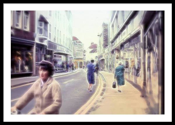 Vintage Travel Street With Bicycle Rider - Framed Print