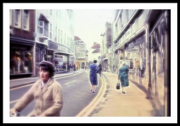 Vintage Travel Street With Bicycle Rider - Framed Print