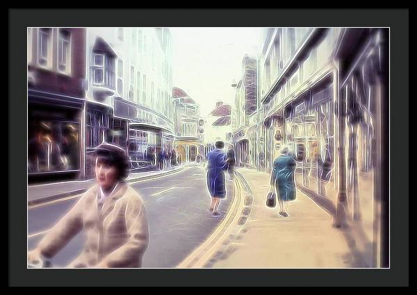 Vintage Travel Street With Bicycle Rider - Framed Print