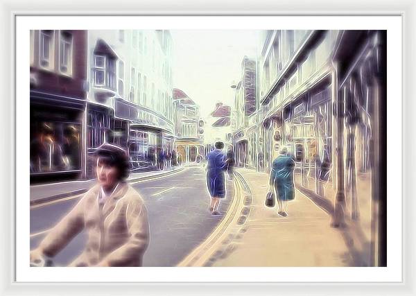 Vintage Travel Street With Bicycle Rider - Framed Print