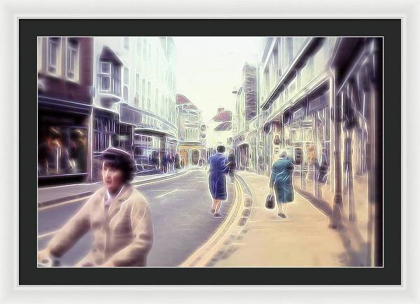 Vintage Travel Street With Bicycle Rider - Framed Print