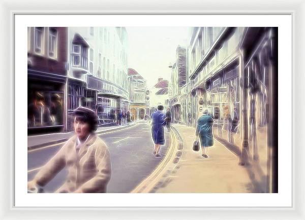 Vintage Travel Street With Bicycle Rider - Framed Print