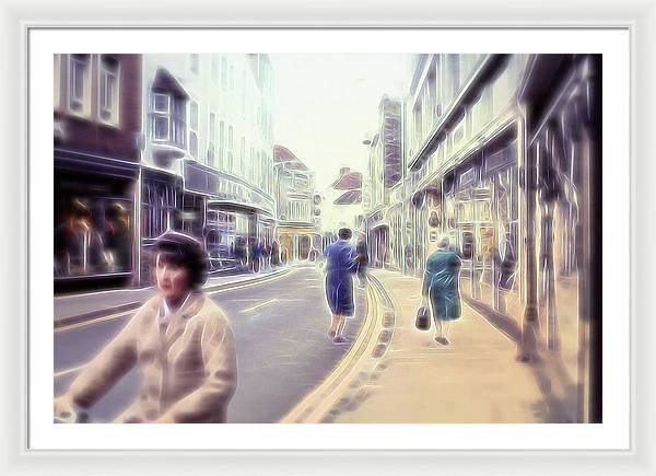Vintage Travel Street With Bicycle Rider - Framed Print