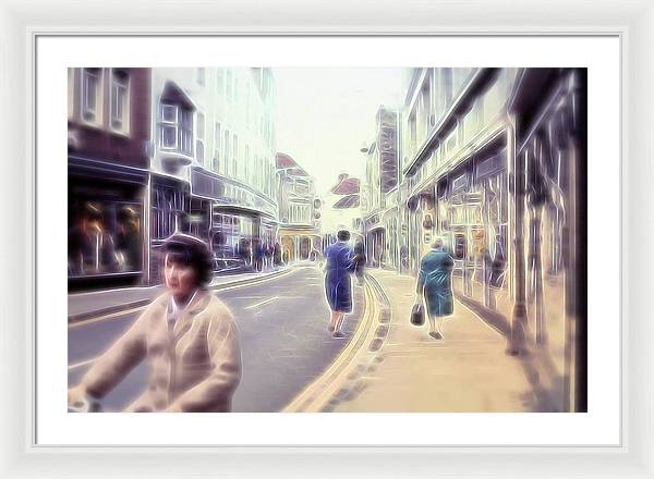 Vintage Travel Street With Bicycle Rider - Framed Print