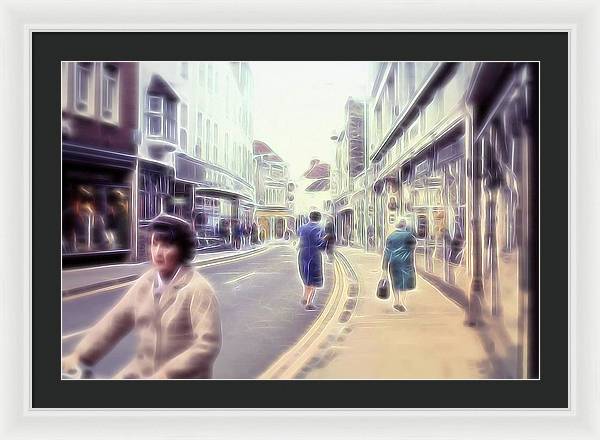 Vintage Travel Street With Bicycle Rider - Framed Print