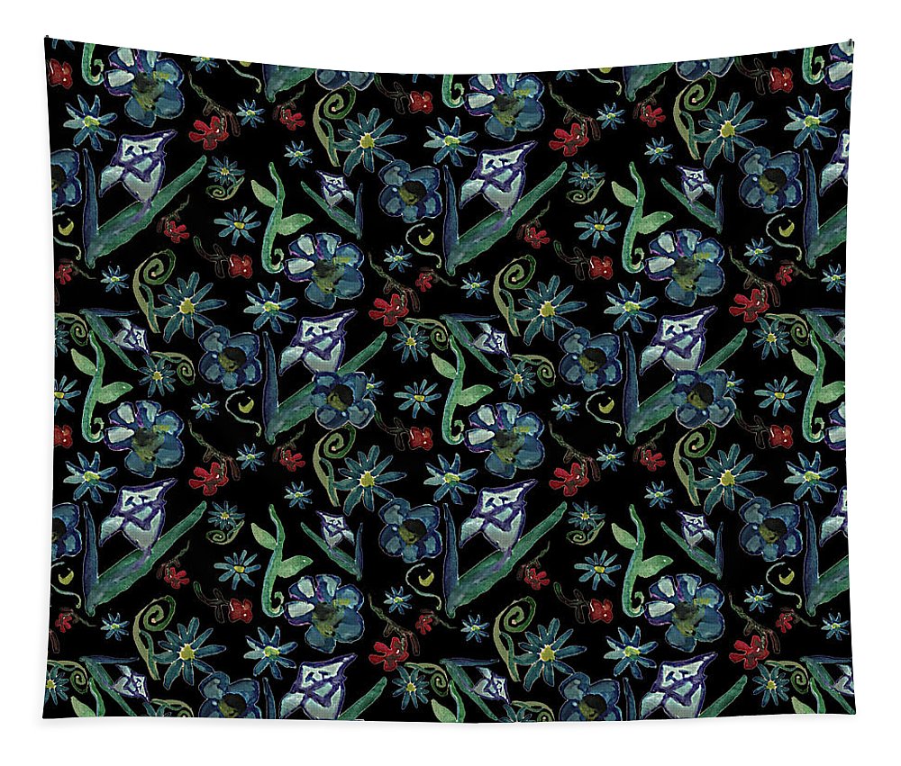 Watercolor Flowers On Black - Tapestry