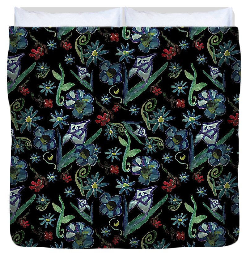 Watercolor Flowers On Black - Duvet Cover
