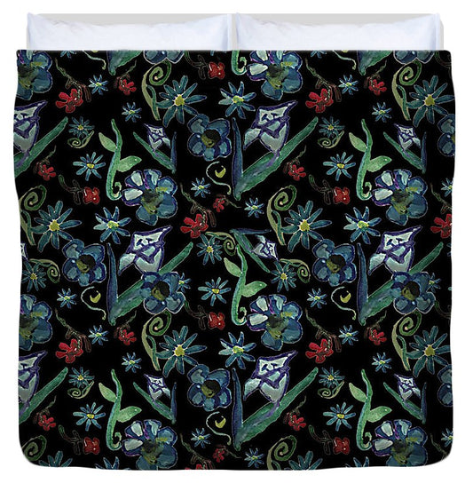 Watercolor Flowers On Black - Duvet Cover