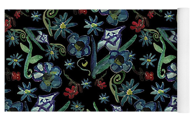 Watercolor Flowers On Black - Yoga Mat