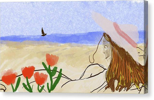 Woman In a Hat On The Beach - Canvas Print