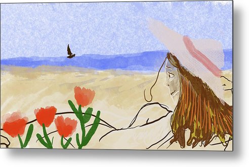Woman In a Hat On The Beach - Metal Print