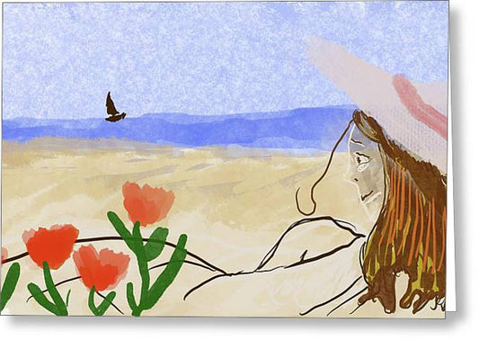 Woman In a Hat On The Beach - Greeting Card