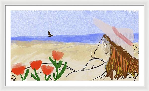 Woman In a Hat On The Beach - Framed Print