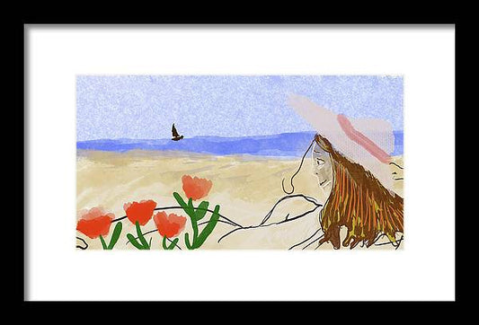 Woman In a Hat On The Beach - Framed Print
