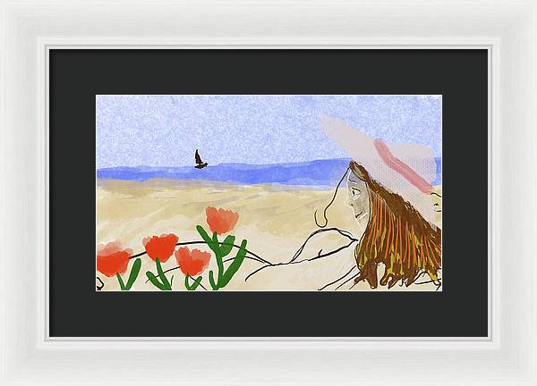 Woman In a Hat On The Beach - Framed Print