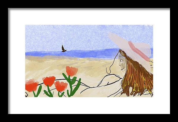 Woman In a Hat On The Beach - Framed Print
