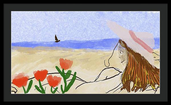 Woman In a Hat On The Beach - Framed Print