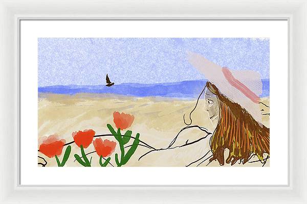 Woman In a Hat On The Beach - Framed Print