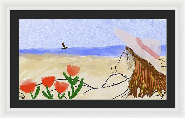Woman In a Hat On The Beach - Framed Print