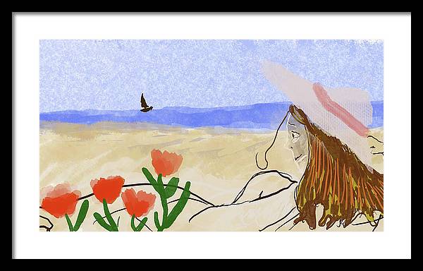 Woman In a Hat On The Beach - Framed Print