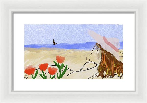 Woman In a Hat On The Beach - Framed Print