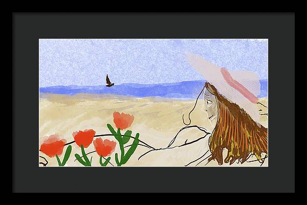 Woman In a Hat On The Beach - Framed Print