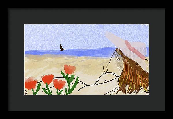 Woman In a Hat On The Beach - Framed Print