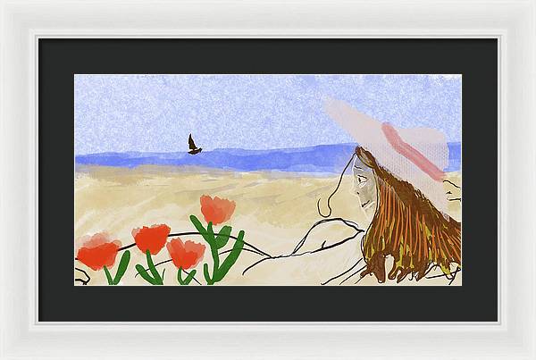 Woman In a Hat On The Beach - Framed Print