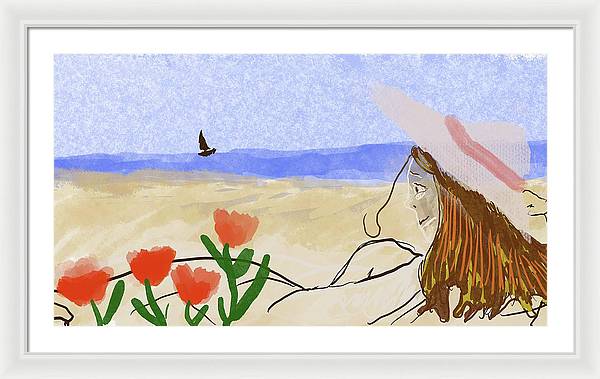 Woman In a Hat On The Beach - Framed Print