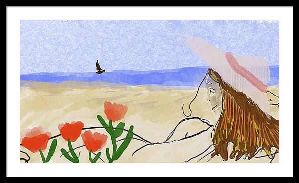 Woman In a Hat On The Beach - Framed Print