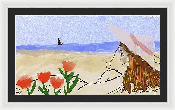 Woman In a Hat On The Beach - Framed Print