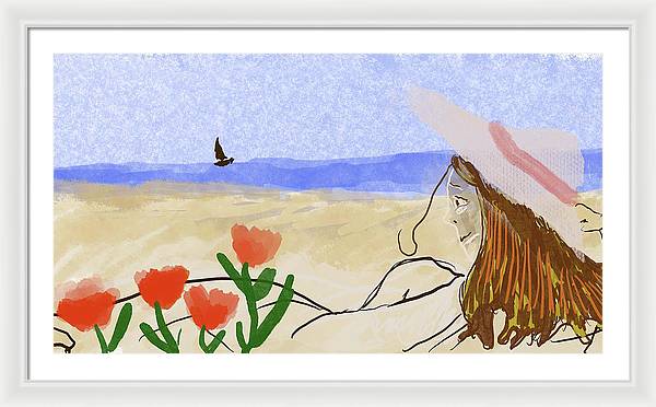 Woman In a Hat On The Beach - Framed Print