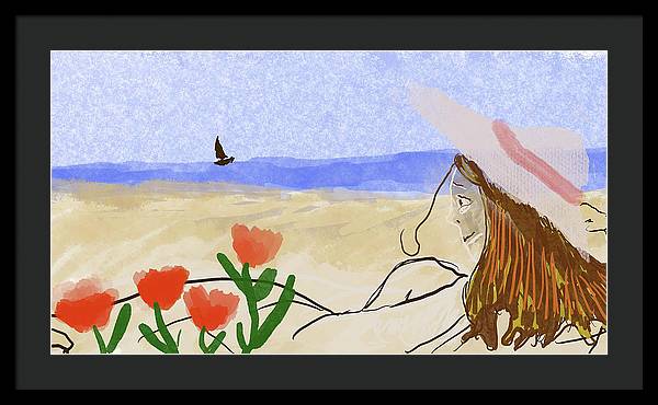 Woman In a Hat On The Beach - Framed Print