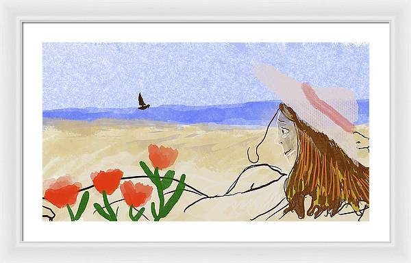 Woman In a Hat On The Beach - Framed Print