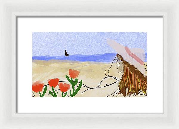 Woman In a Hat On The Beach - Framed Print
