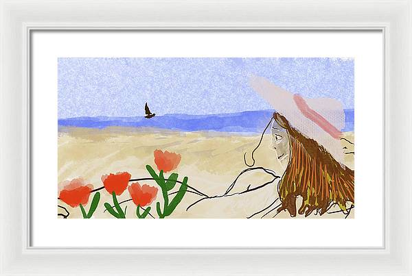 Woman In a Hat On The Beach - Framed Print