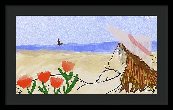 Woman In a Hat On The Beach - Framed Print
