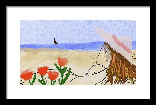 Woman In a Hat On The Beach - Framed Print