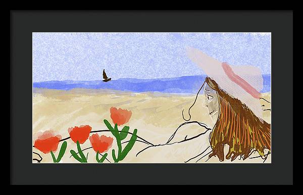 Woman In a Hat On The Beach - Framed Print