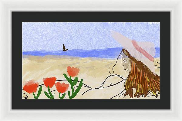 Woman In a Hat On The Beach - Framed Print