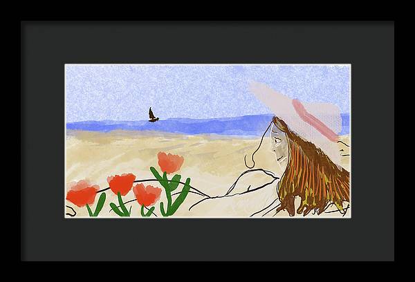Woman In a Hat On The Beach - Framed Print