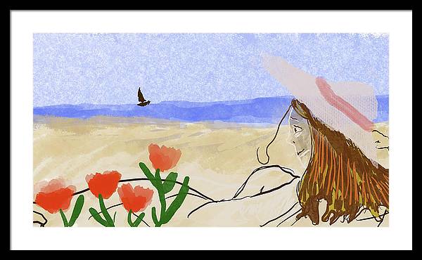 Woman In a Hat On The Beach - Framed Print