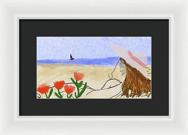 Woman In a Hat On The Beach - Framed Print