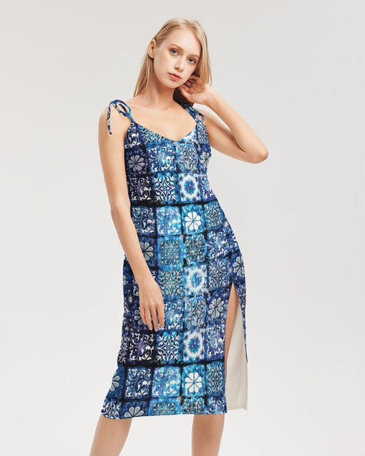 Blue Ice Crystals Motif Women's All-Over Print Tie Strap Split Dress