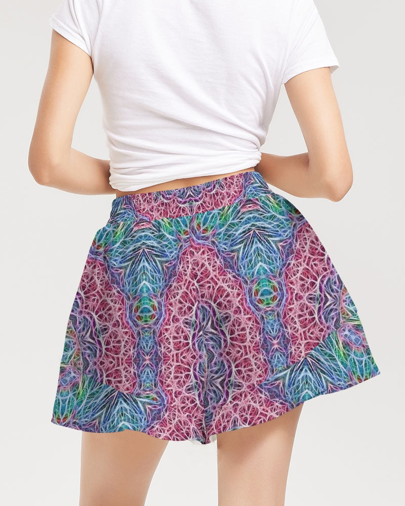 Blue Red Snowflake Kaleidoscope Women's All-Over Print Ruffle Shorts