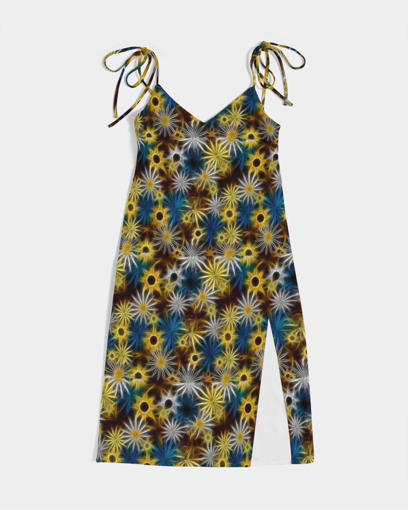 Blue and Yellow Glowing Daisies Women's All-Over Print Tie Strap Split Dress