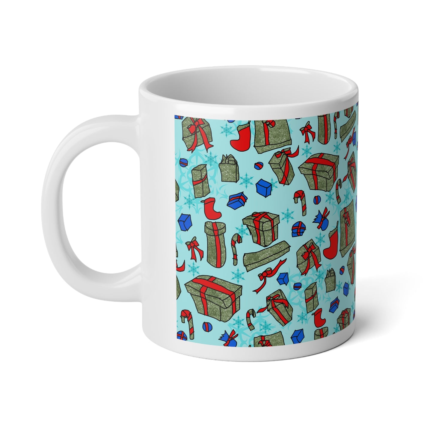 Holiday Gift Pattern Jumbo Mug — 20oz Christmas Presents & Stockings Design